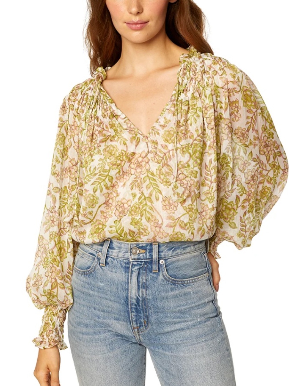 MISA Clio boho peasant floral chiffon flowy blouse green goddess sz xs